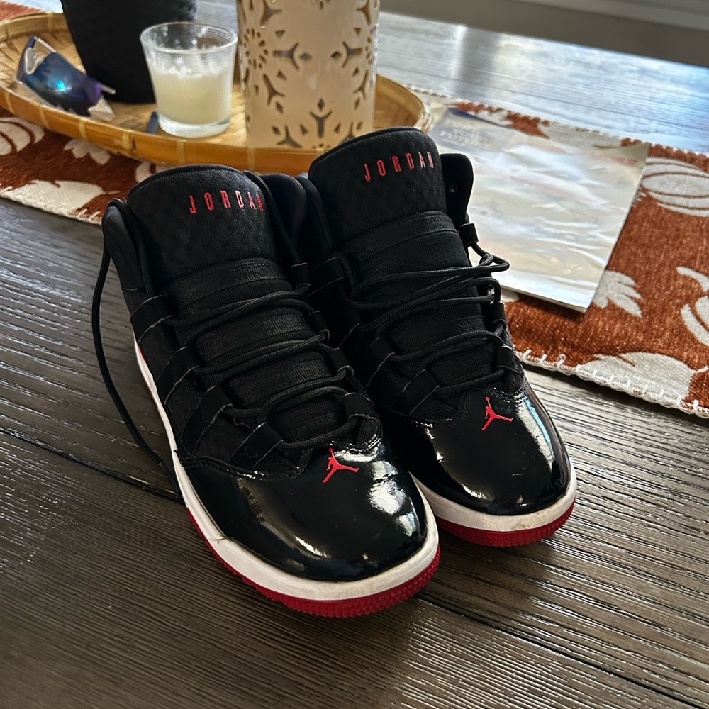 Jordan Black and Red Patent Sneakers
